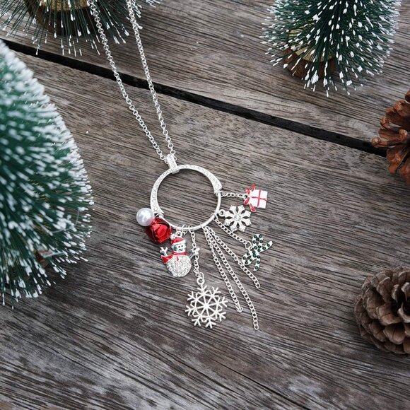Cute Christmas Sweater Long Tassel Circle Pendant Necklace For Women Silver Plat - Picture 2 of 6